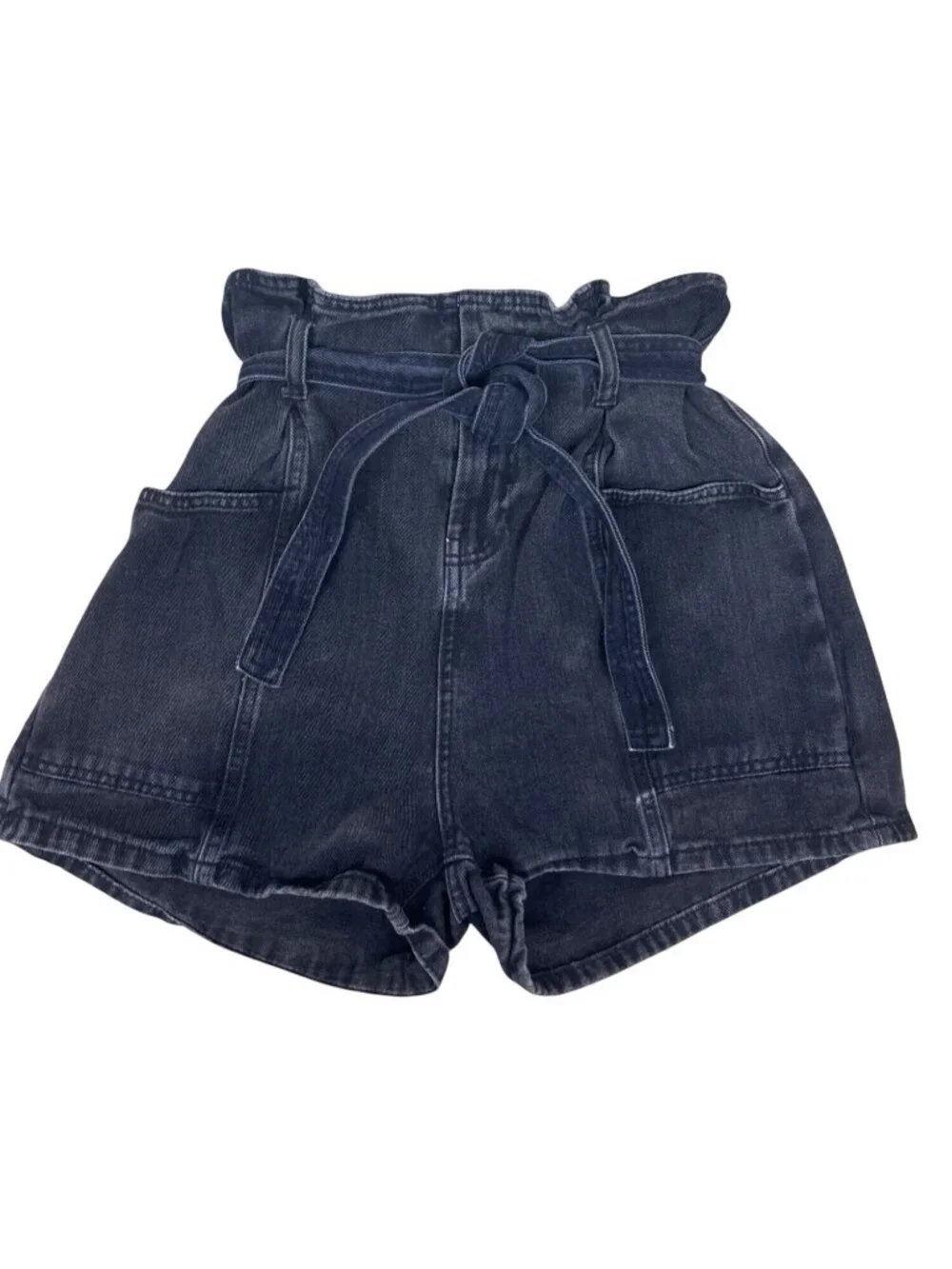 Denim & Co High Waisted Paperbag Shorts Sz 10 Black Denim Tie Waist Casual Chic